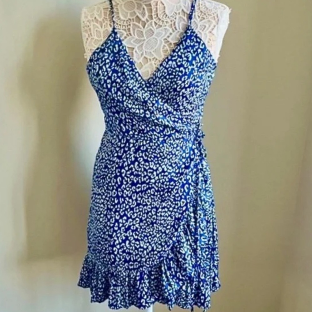 Free People All My Love Blue Cheetah Wrap Slip Mini Dress M